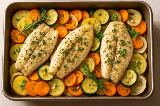 Peixe assado com batatas e legumes