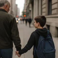 Pai e filho de mãos dadas caminhando em uma rua da cidade, com foco em suas costas.