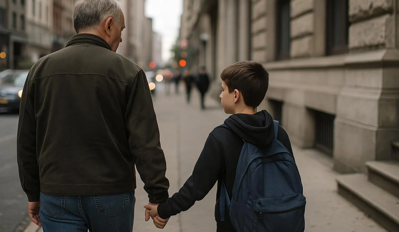 Pai e filho de mãos dadas caminhando em uma rua da cidade, com foco em suas costas. Pai e filho de mãos dadas caminhando em uma rua da cidade, com foco em suas costas.