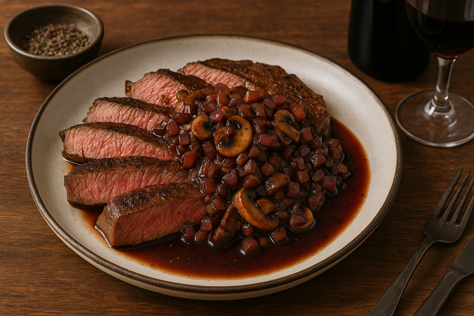 Steak served with mushrooms and red wine reduction sauce