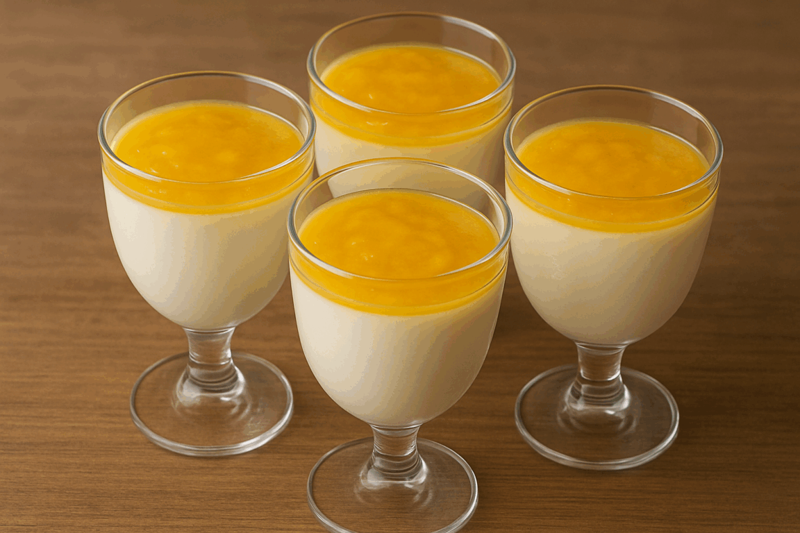 Panna cotta de coco com calda de manga Panna cotta de coco com calda de manga