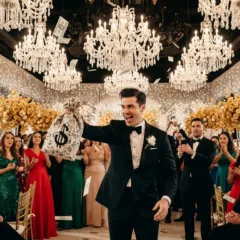 Noivo animado joga dinheiro no ar em celebração, com convidados sorrindo.