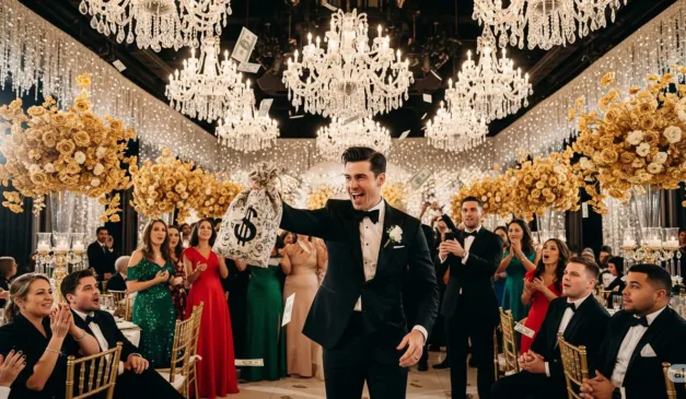 Noivo animado joga dinheiro no ar em celebração, com convidados sorrindo. Noivo animado joga dinheiro no ar em celebração, com convidados sorrindo.