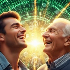 Dois homens sorrindo e olhando para cima, com fundo tecnológico