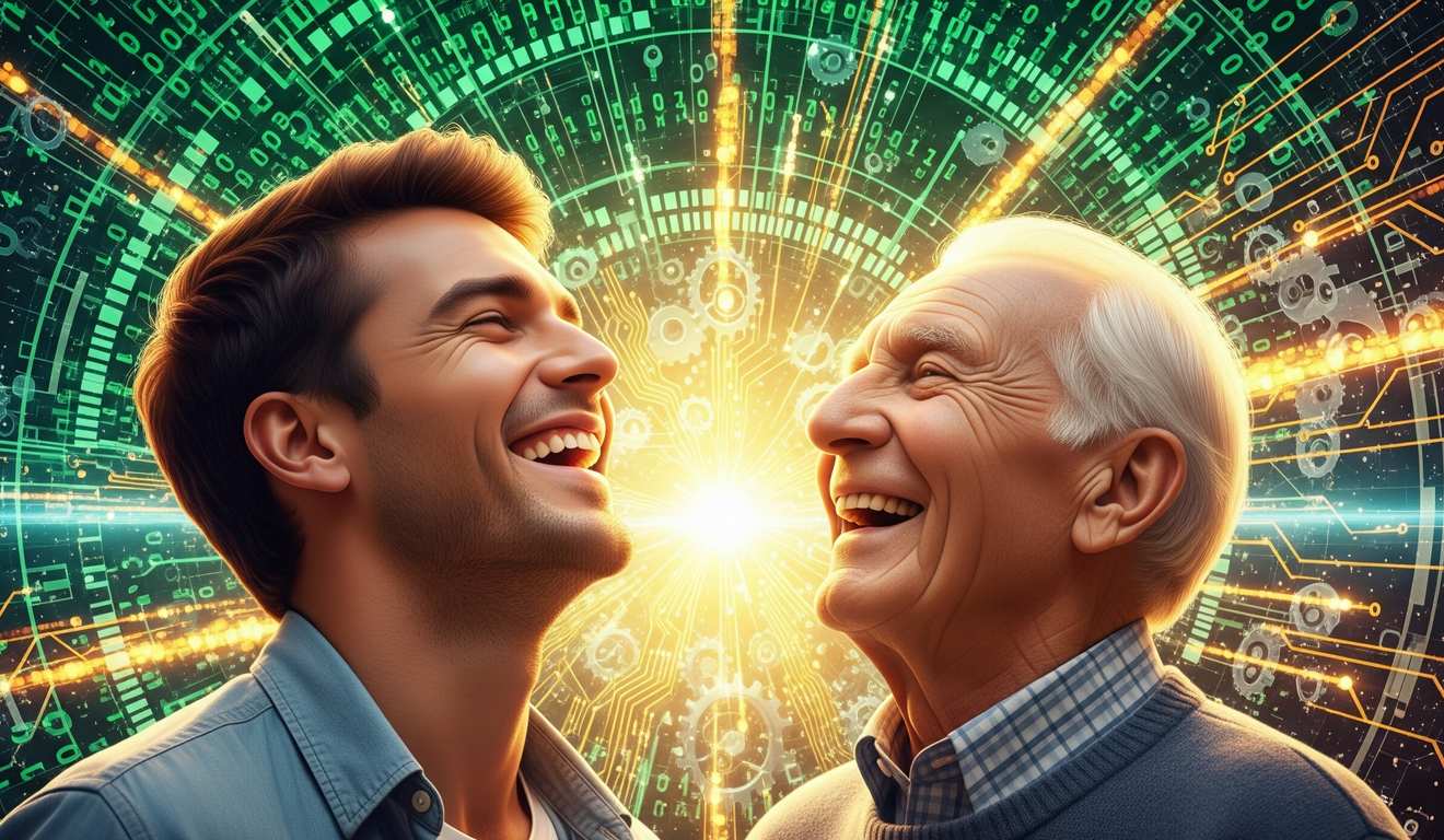 Dois homens sorrindo e olhando para cima, com fundo tecnológico
