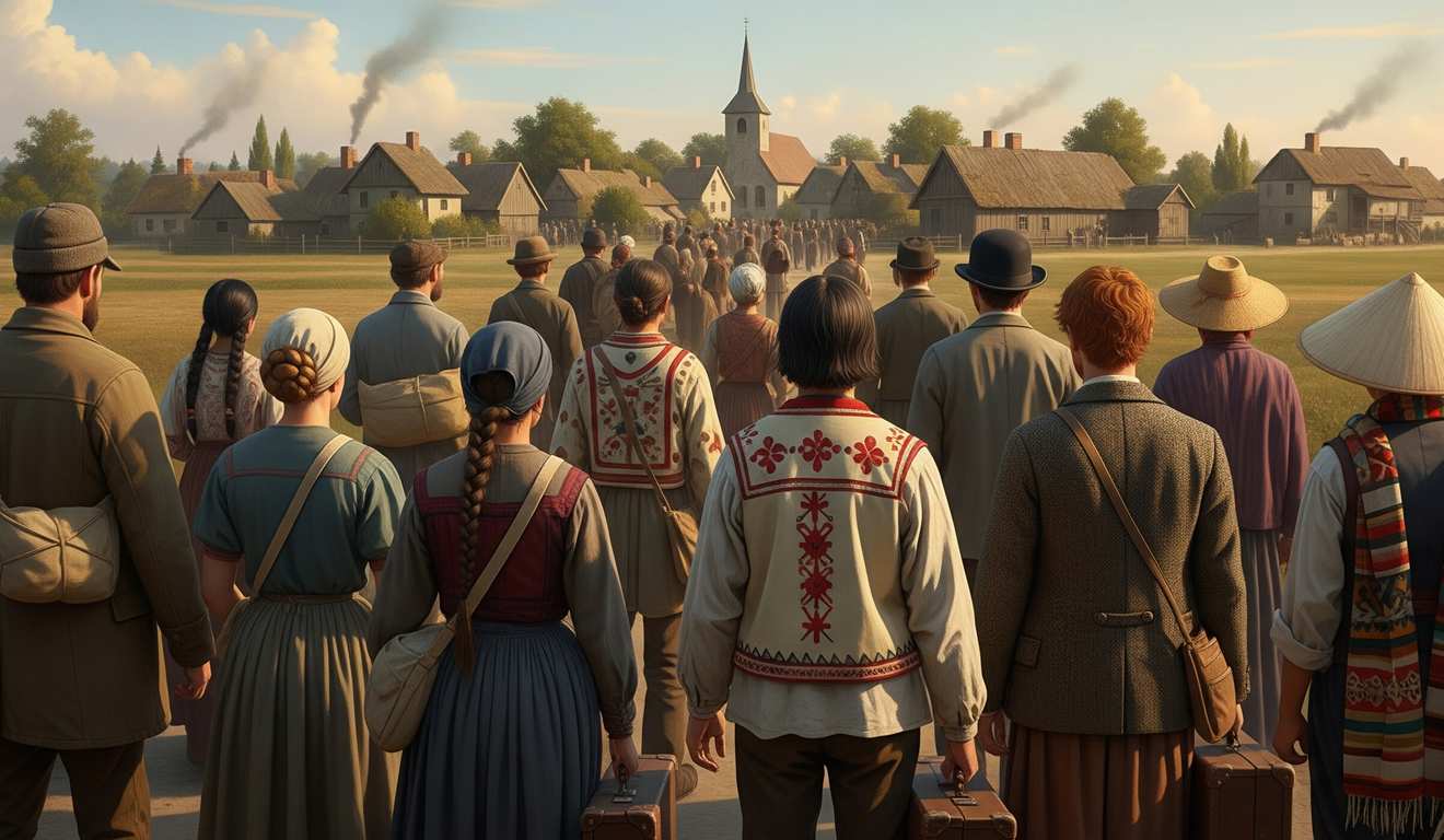 Grupo de pessoas vestidas com roupas tradicionais, caminhando em direção a uma igreja em uma vila.