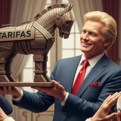 Homem sorrindo segura cavalo de Troia com a palavra 'Tarifas' em um ambiente formal.