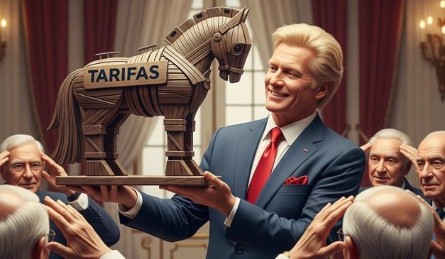 Homem sorrindo segura cavalo de Troia com a palavra 'Tarifas' em um ambiente formal.