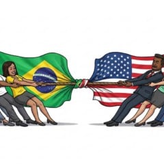 Imagem ilustrativa de uma competição de cabo de guerra entre Brasil e Estados Unidos, com pessoas puxando bandeiras.