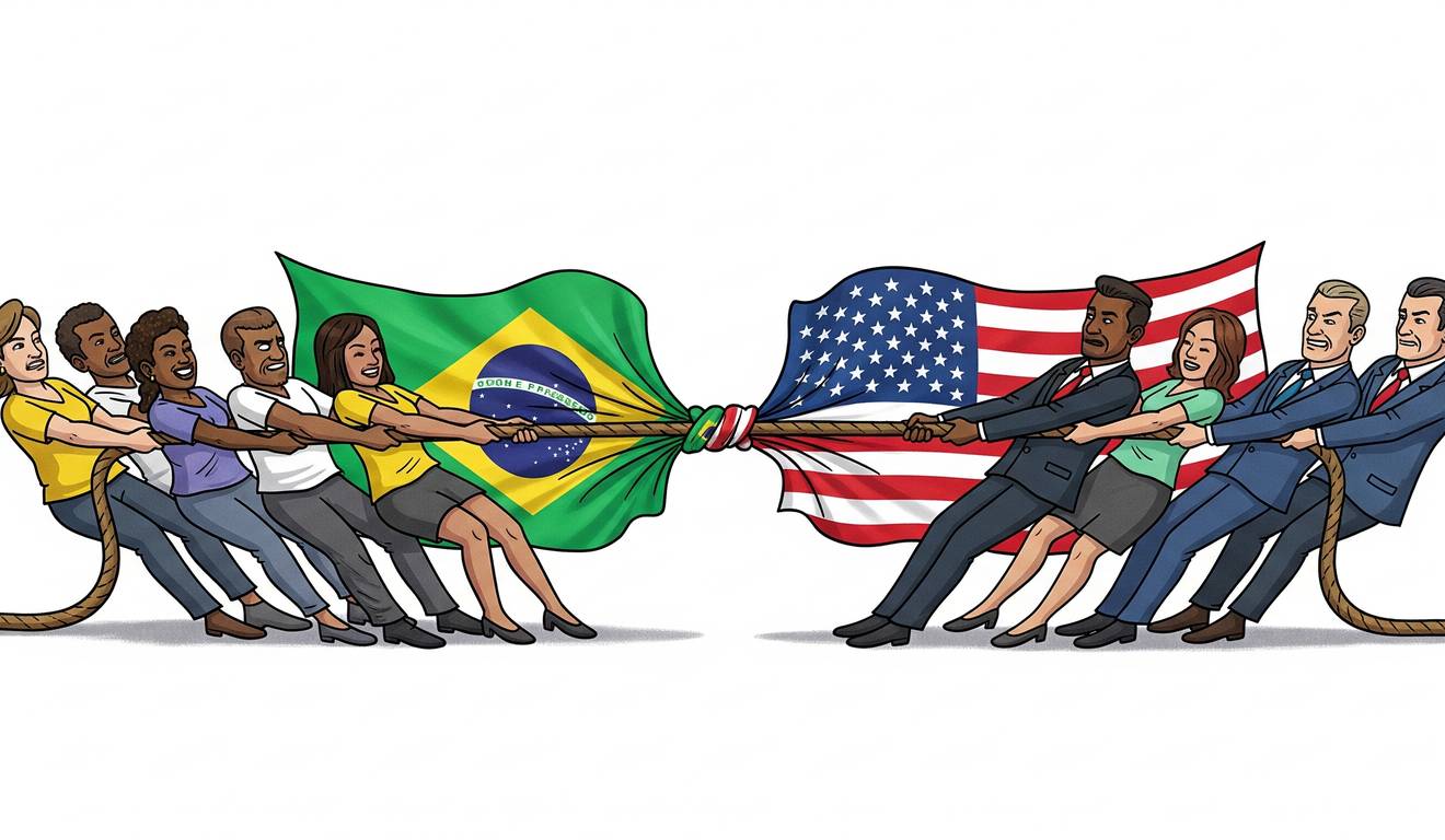 Imagem ilustrativa de uma competição de cabo de guerra entre Brasil e Estados Unidos, com pessoas puxando bandeiras.