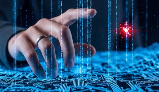Mão tocando interface de dados digitais. Conceito de tecnologia e inteligência artificial.