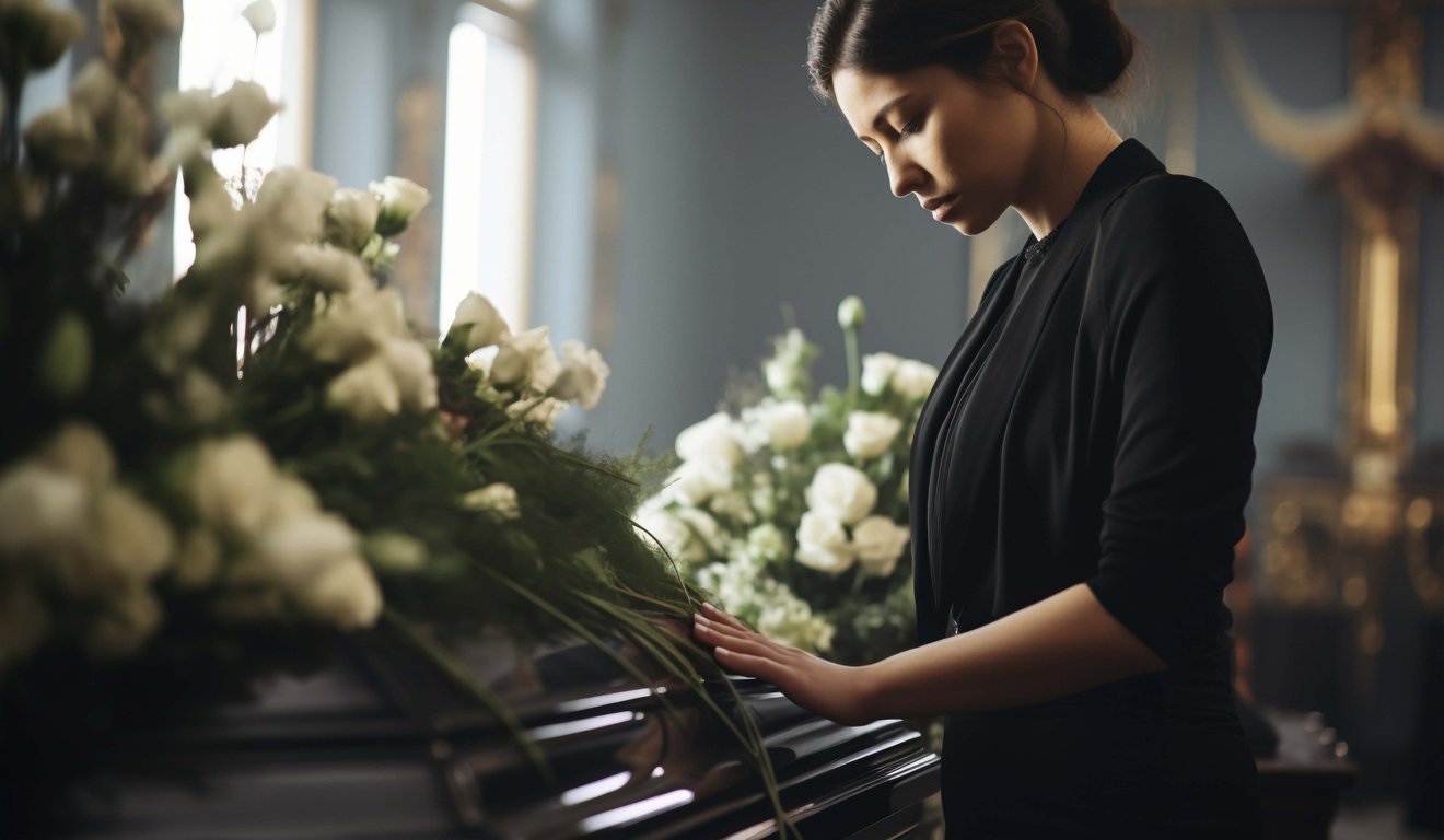 Mulher em luto em frente a um caixão em um funeral, com flores brancas.