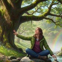 Mulher meditando em meio à natureza exuberante, com arco-íris e cachoeira ao fundo.