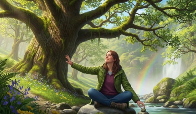 Mulher meditando em meio à natureza exuberante, com arco-íris e cachoeira ao fundo.
