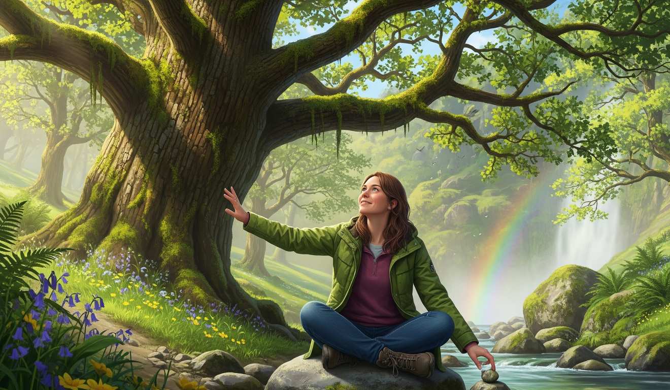 Mulher meditando em meio à natureza exuberante, com arco-íris e cachoeira ao fundo. Mulher meditando em meio à natureza exuberante, com arco-íris e cachoeira ao fundo.