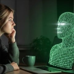Mulher olhando para uma representação digital de um ser humano em uma tela de laptop, com código binário.