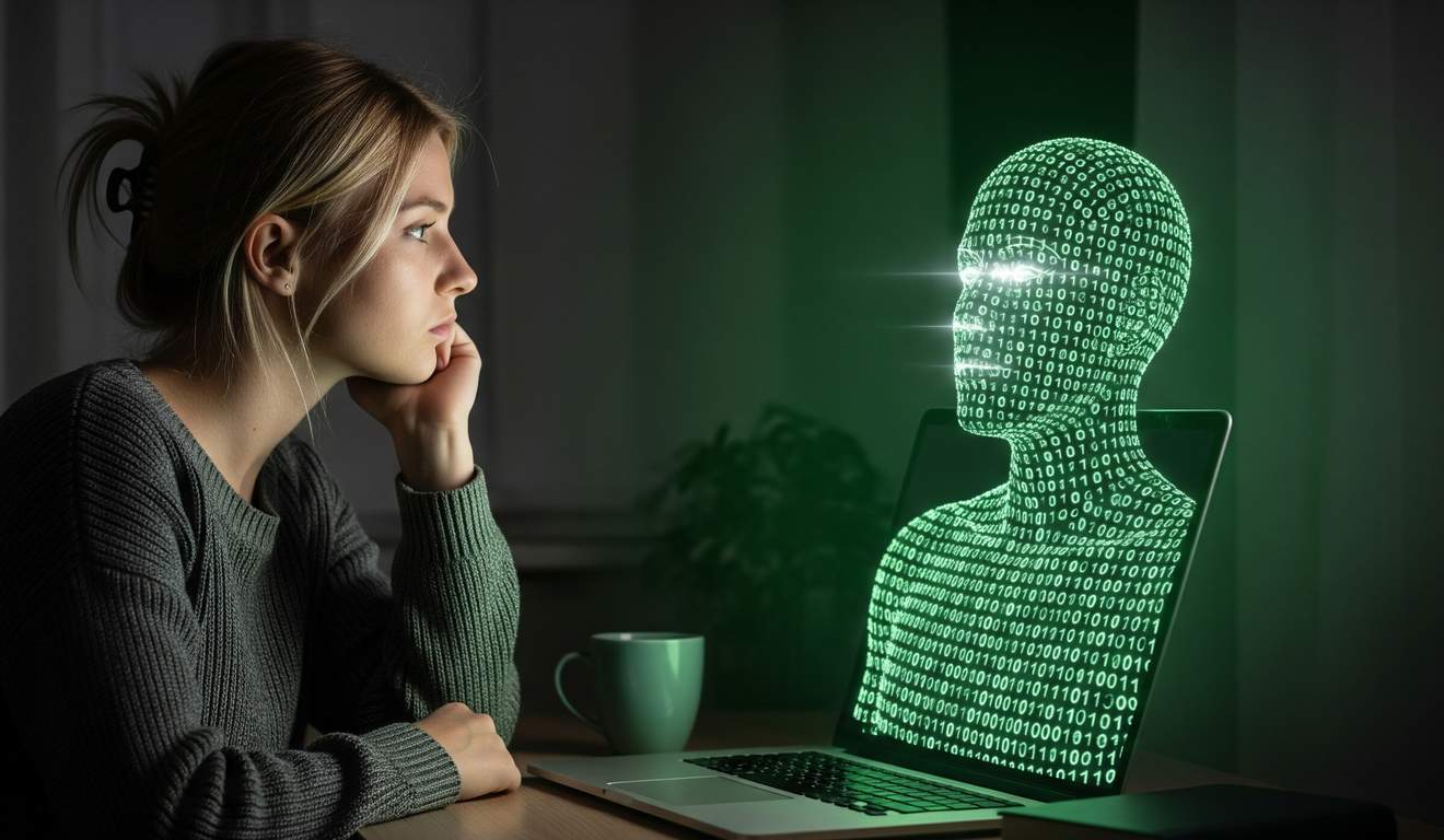 Mulher olhando para uma representação digital de um ser humano em uma tela de laptop, com código binário.