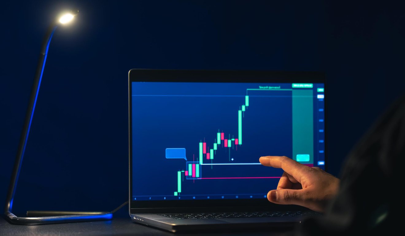 Pessoa analisa gráfico de ações em laptop, com uma lâmpada acesa