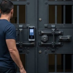 Policial com farda em frente a um portão de metal com dispositivo de segurança e um homem com camiseta 'Jorge'.