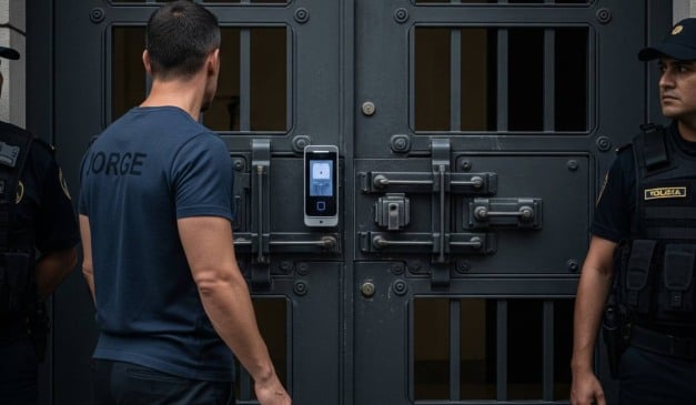 Policial com farda em frente a um portão de metal com dispositivo de segurança e um homem com camiseta 'Jorge'.