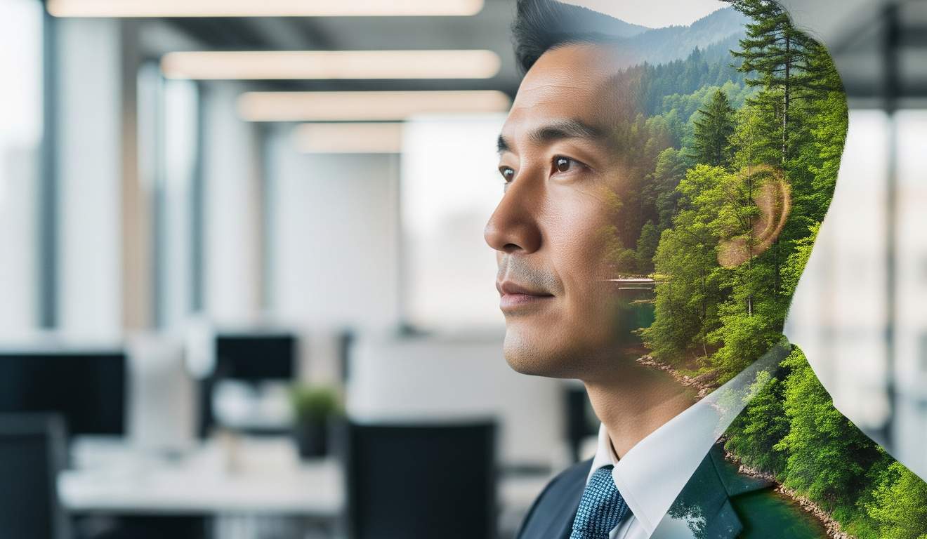 Retrato de homem de negócios asiático com sobreposição de floresta, representando pensamento ambiental. Retrato de homem de negócios asiático com sobreposição de floresta, representando pensamento ambiental.