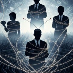 Silhuetas de pessoas com antenas e fios conectados, sobre multidão, conceito de controle e manipulação.