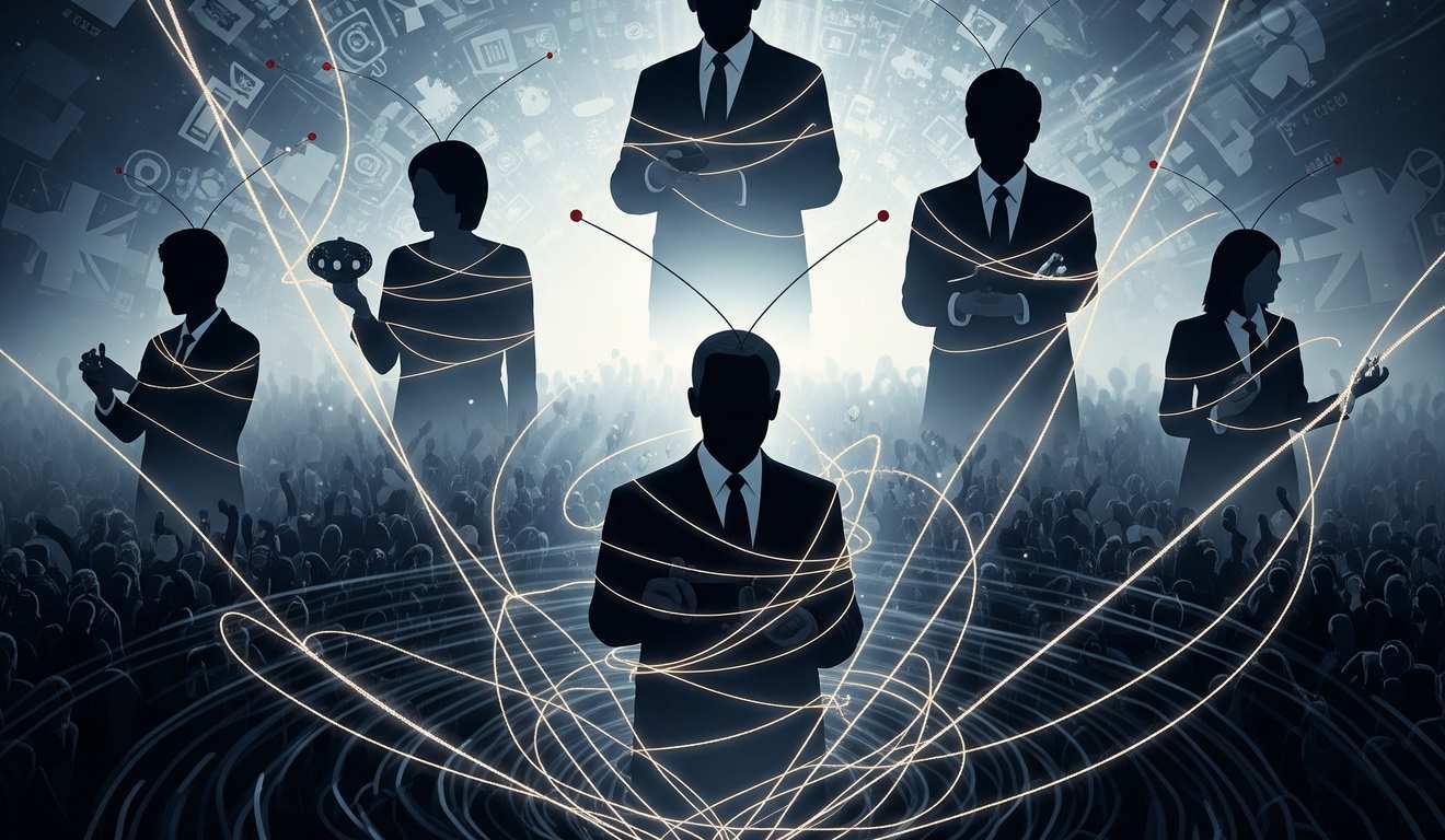 Silhuetas de pessoas com antenas e fios conectados, sobre multidão, conceito de controle e manipulação.