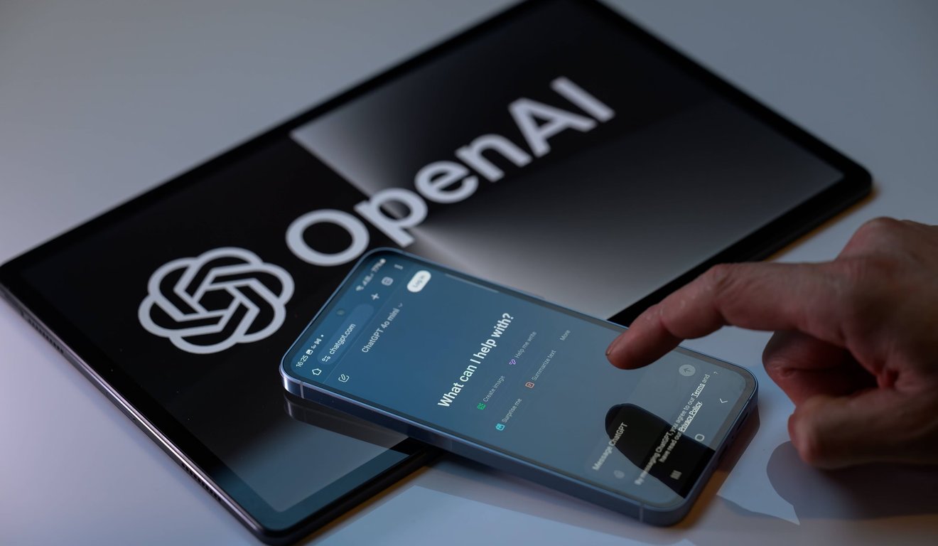 Smartphone exibindo a interface do ChatGPT com o logo da OpenAI em um tablet