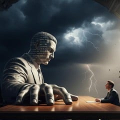 Um homem gigante encarando outro homem em um cenário surrealista com tempestade e raios.