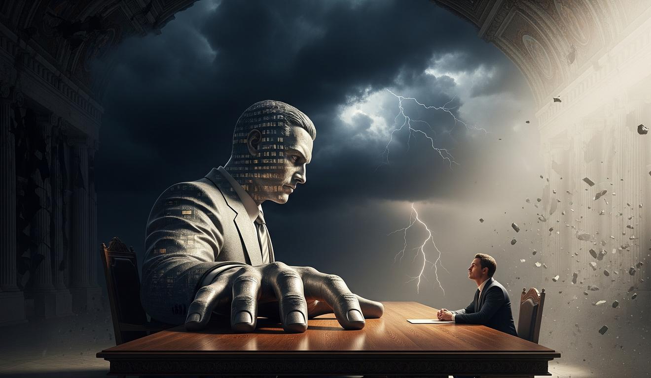 Um homem gigante encarando outro homem em um cenário surrealista com tempestade e raios. Um homem gigante encarando outro homem em um cenário surrealista com tempestade e raios.