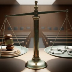 Balança da Justiça com martelo e algemas, simbolizando lei e punição em tribunal.