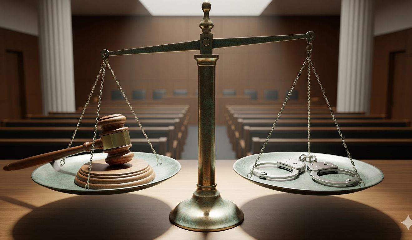 Balança da Justiça com martelo e algemas, simbolizando lei e punição em tribunal.