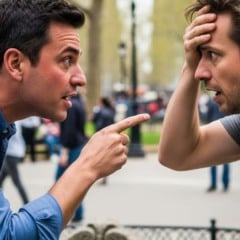 Dois homens em discussão acalorada em um parque, um apontando e o outro com a mão na testa.