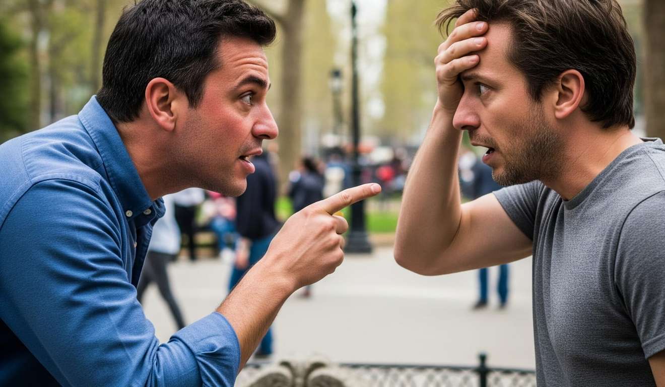Dois homens em discussão acalorada em um parque, um apontando e o outro com a mão na testa.