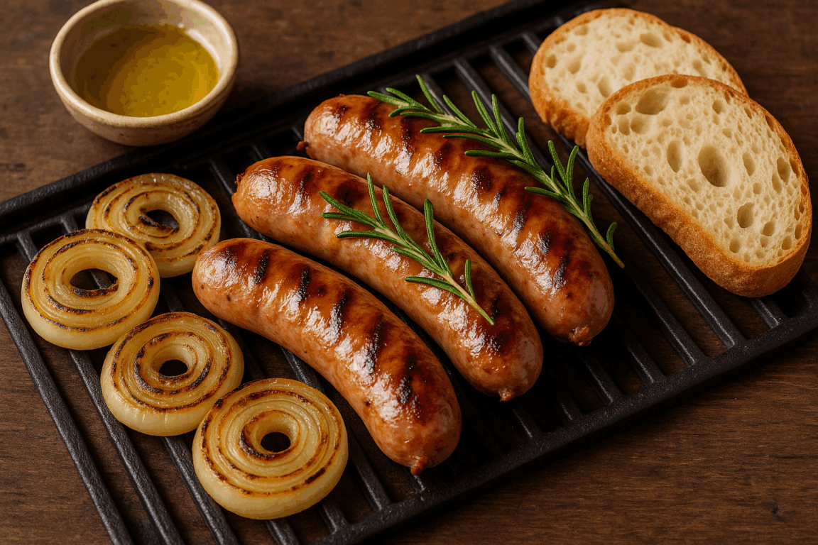 Linguiça toscana com cebolas na churrasqueira