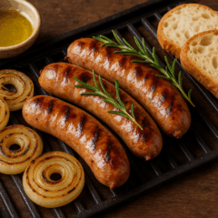 Linguiça toscana com cebolas na churrasqueira