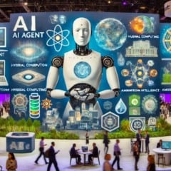 Exposição Gartner Xpo com tema de Inteligência Artificial, robô e gráficos sobre computação e agentes.
