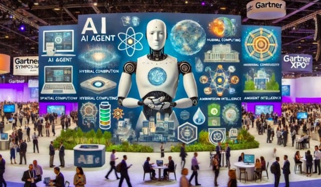 Exposição Gartner Xpo com tema de Inteligência Artificial, robô e gráficos sobre computação e agentes.