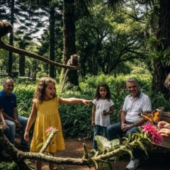 Família em parque com macacos e borboleta, interagindo com a natureza.