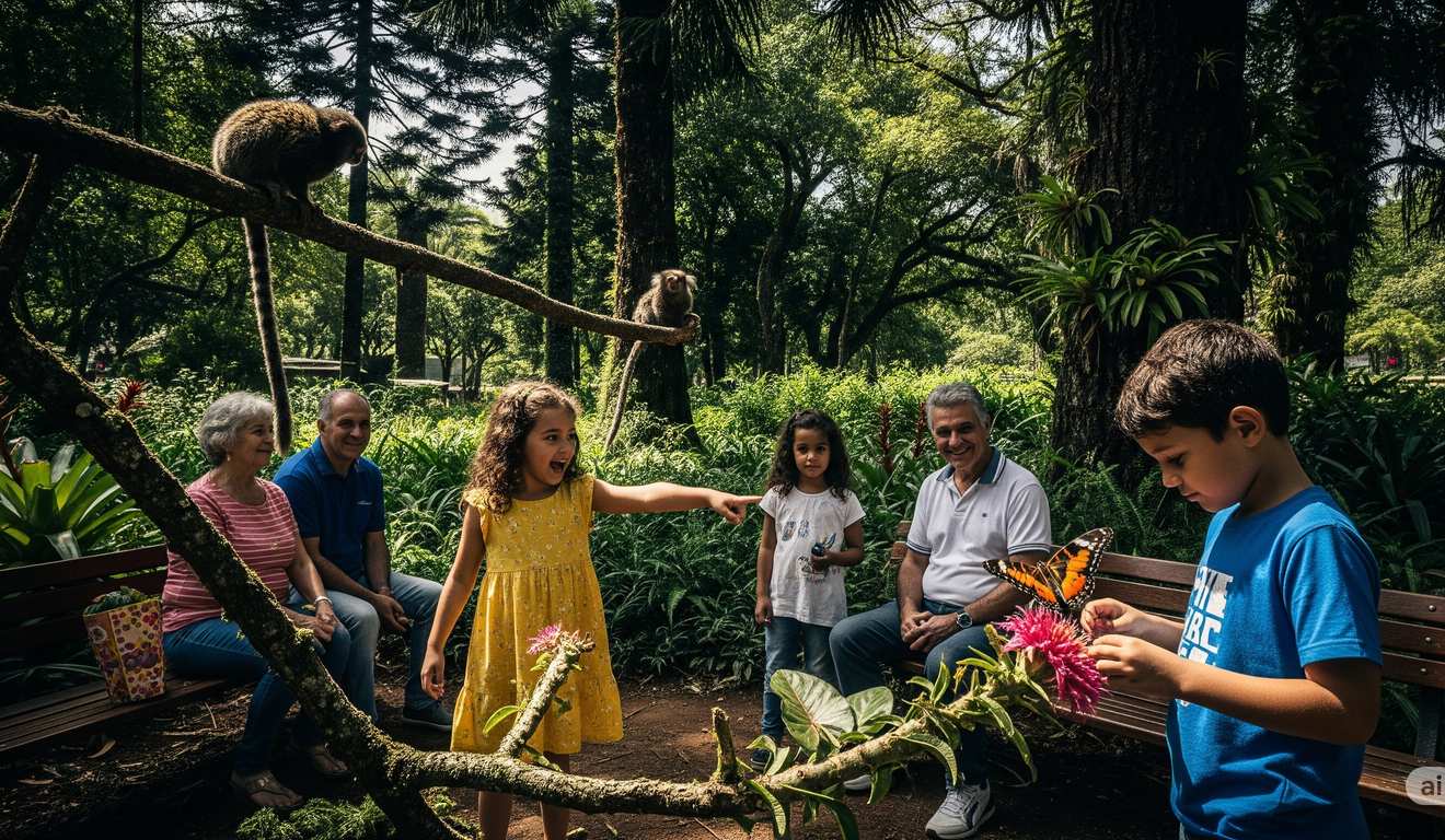 Família em parque com macacos e borboleta, interagindo com a natureza.