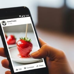 Foto de morango caramelizado em tela de celular, post de SweetTreats, mãos segurando o dispositivo