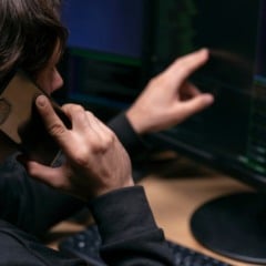 Homem falando ao telefone enquanto trabalha em um computador com código na tela.