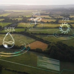 Imagem aérea de campos agrícolas com sobreposição de dados de monitoramento: água, crescimento e luz solar.