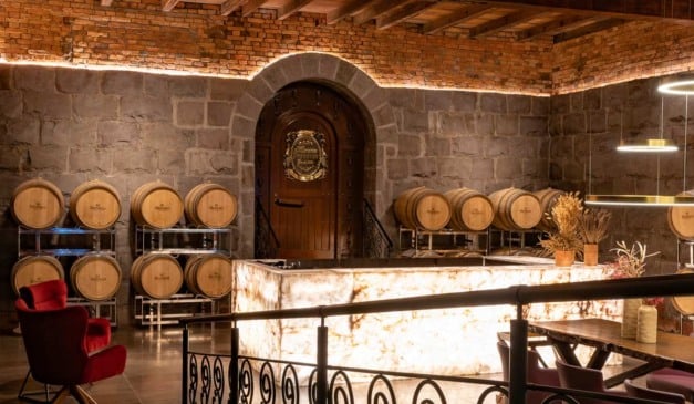 Interior de adega com barris de vinho, porta de madeira e iluminação ambiente.