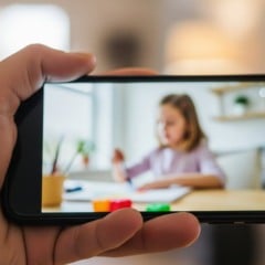 Mão segurando celular com criança desenhando em vídeo, aula online.
