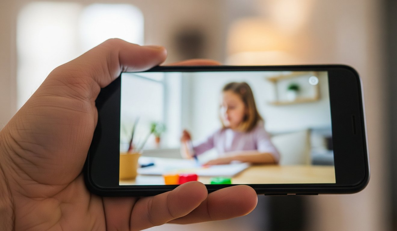 Mão segurando celular com criança desenhando em vídeo, aula online.