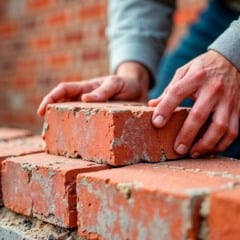 Mãos de pedreiro colocando tijolo em obra de alvenaria.