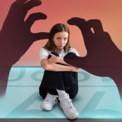 Menina sentada abraçada em um smartphone, com mãos de sombra ameaçadoras. Representação de cyberbullying.