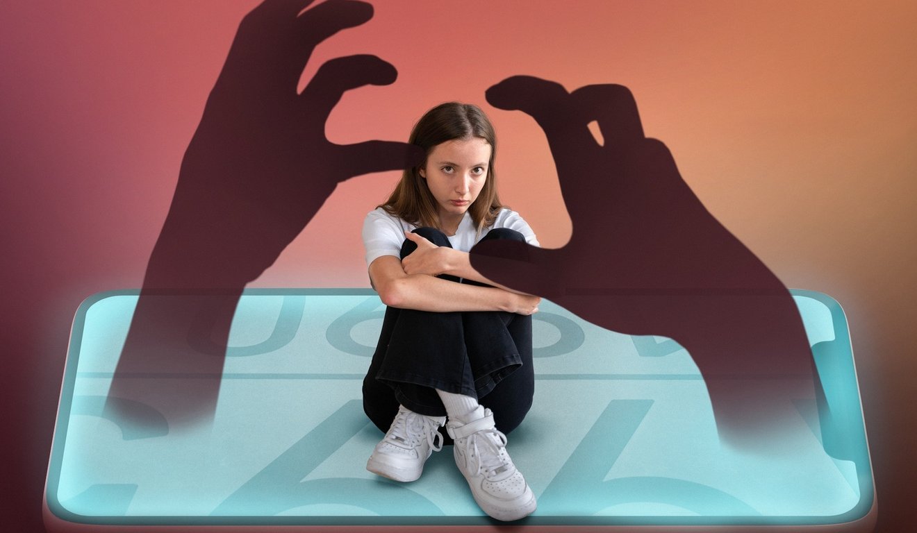 Menina sentada abraçada em um smartphone, com mãos de sombra ameaçadoras. Representação de cyberbullying.