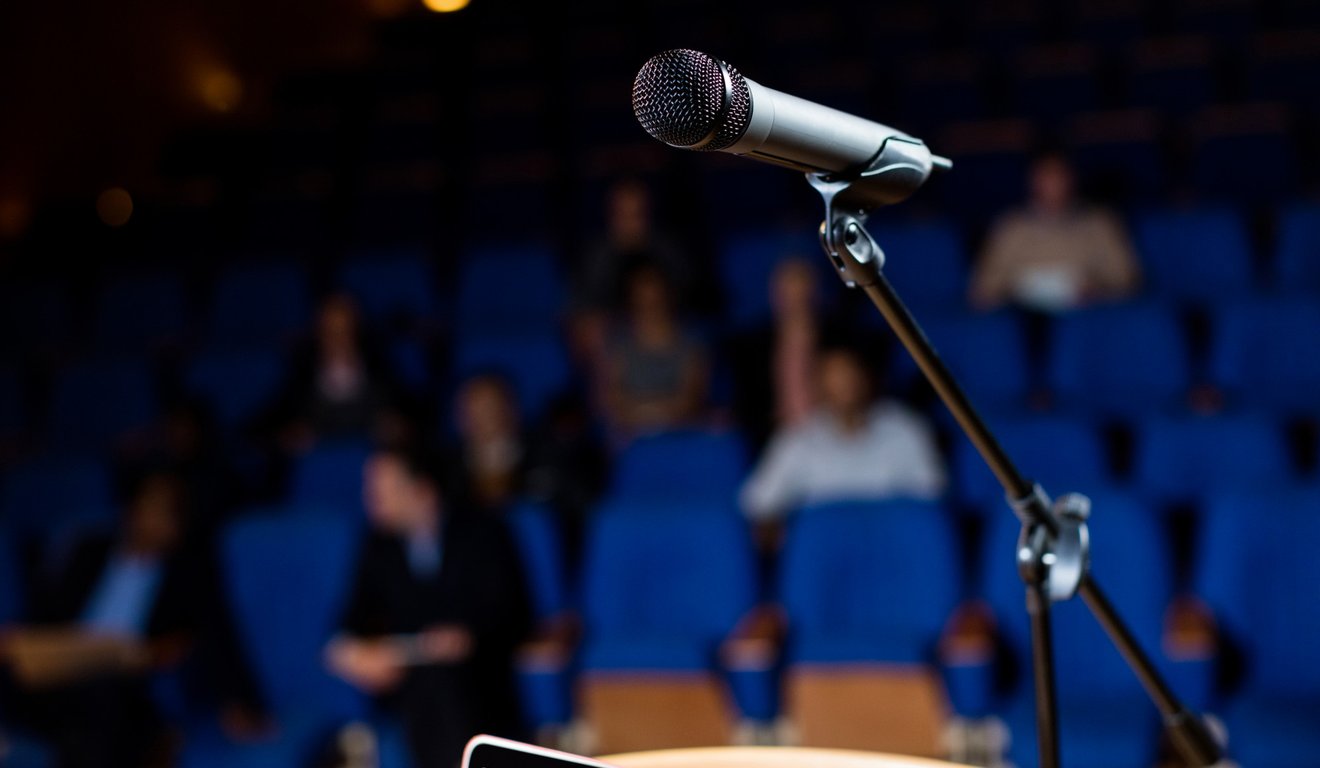 Microfone em palco de auditório com pessoas sentadas em cadeiras azuis no fundo, desfocadas.